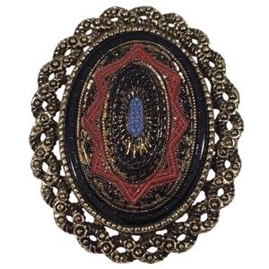 Sarah Coventry Brooch Ornate Red Gold Accents Vintage